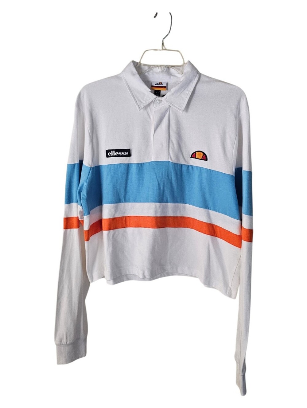 Ellesse White Long Sleeve Rugby Top with Blue and Orange Stripes